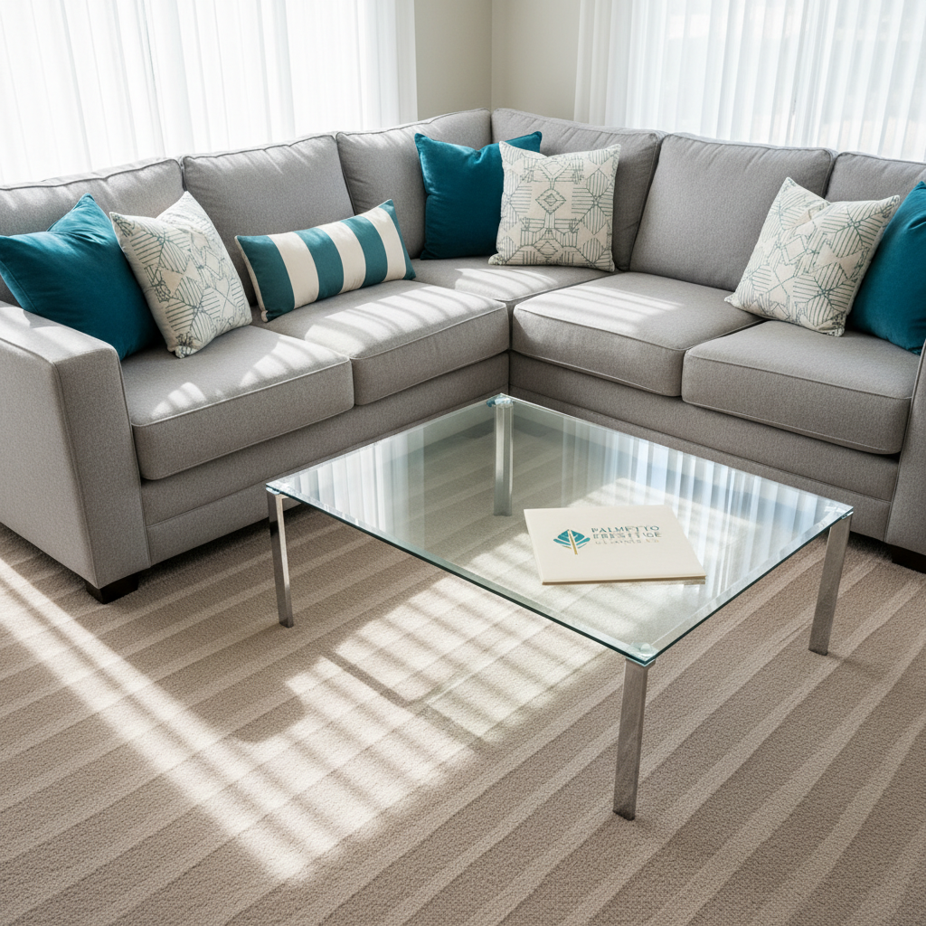 An immaculate, sunlit living room in a residential home, featuring a plush light-gray sectional sofa with perfectly arranged teal and white accent pillows, a spotless glass coffee table with no fingerprints or dust, and freshly vacuumed beige carpet with visible straight vacuum lines. A subtle hint of a “Palmetto Prestige Cleaning Co” branded folder rests neatly on the table, suggesting a recent professional service. Soft afternoon natural light filters through sheer white curtains, casting gentle, elongated shadows and highlighting the dust-free surfaces. Photographic realism from a slightly elevated corner angle, sharp focus throughout to emphasize order and tidiness, calm and inviting atmosphere, clean and modern aesthetic ideal for a cleaning company homepage hero image.