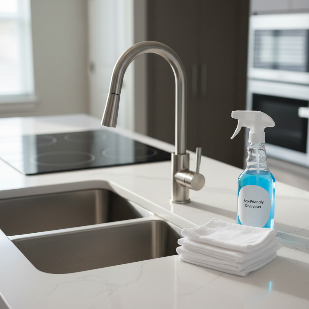 A gleaming stainless steel kitchen sink and faucet, perfectly clean and free of water spots, with a neatly folded stack of crisp white microfiber cleaning cloths beside a blue spray bottle labeled “Eco-Friendly Degreaser.” The sink is set into a smooth quartz countertop in a modern Anderson, SC home, with subtle gray veining and a spotless glass cooktop visible in the softly blurred background. Late morning natural light pours in from an unseen window, creating gentle reflections on metal surfaces and emphasizing the immaculate cleanliness. Photographic realism, eye-level composition with shallow depth of field, calm and professional mood, clean and modern aesthetic showcasing residential deep cleaning quality for Palmetto Prestige Cleaning Co.