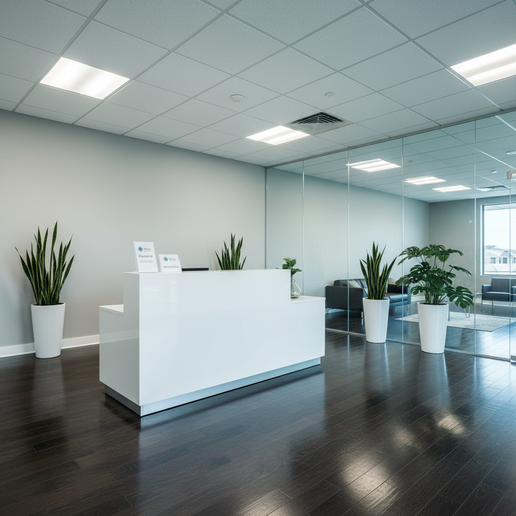 A pristine corporate office reception area in Anderson, SC, featuring a glossy white reception desk with a small, discreet Palmetto Prestige Cleaning Co brochure stand, polished dark hardwood floors that reflect overhead lighting, and a row of flawlessly clean glass partitions with no streaks or smudges. A few minimalist potted plants with deep green leaves add controlled color against neutral gray walls. Cool, evenly diffused LED ceiling lights create a bright, professional ambiance with subtle reflections on all surfaces. Photographic realism, eye-level wide-angle composition capturing the breadth of the commercial space, crisp focus to emphasize cleanliness and order, professional and trustworthy mood suited for commercial deep-cleaning services.
