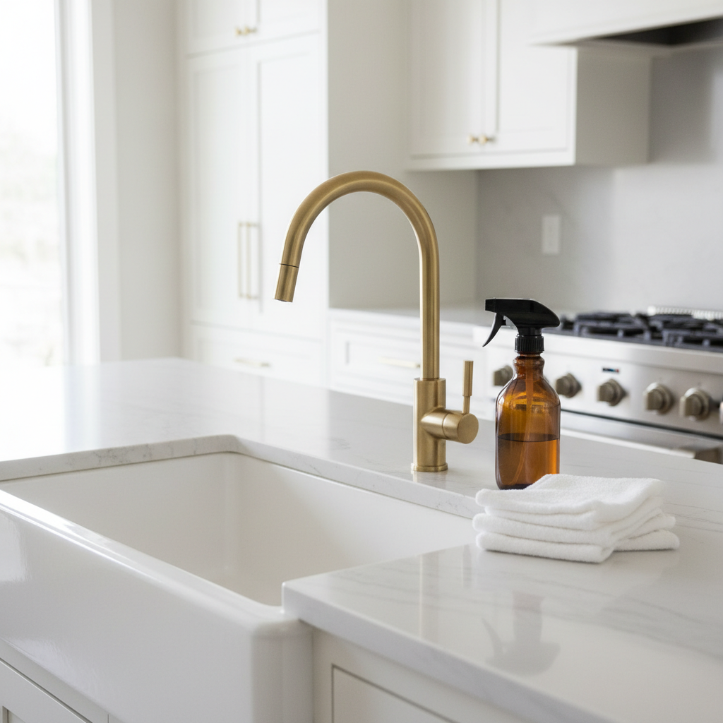 Upscale, luxury-style but still relatable residential kitchen close-up: a gleaming farmhouse sink and brushed brass faucet set into a light quartz countertop, subtle veining, with a neatly folded stack of high-end white microfiber cloths and an unlabeled amber glass spray bottle. Background shows softly blurred custom cabinetry in warm white and a hint of a gas range, all spotless. Bright natural daylight from a nearby window, soft shadows, airy, welcoming, and professional aesthetic suitable for a premium cleaning company. No people, no text or logos.