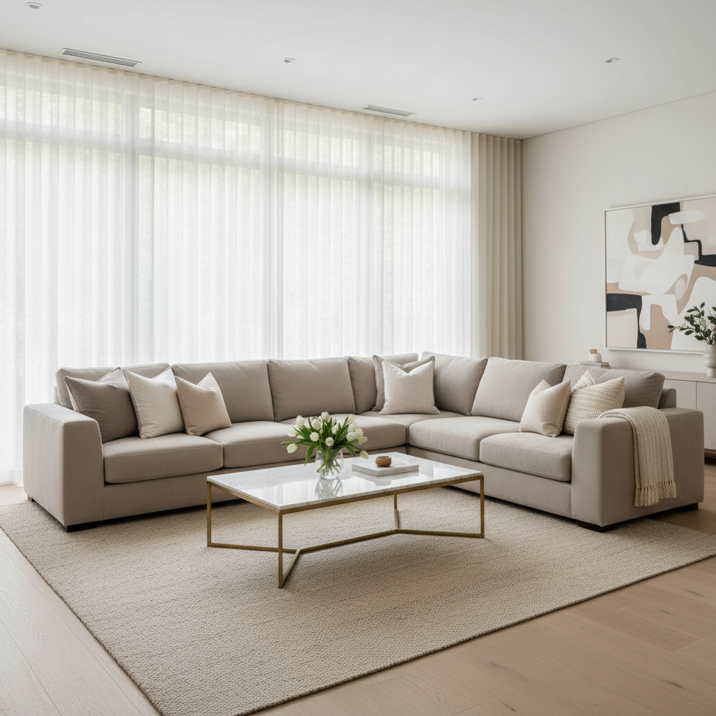 Upscale, luxury-style living room: bright, airy space with a large light-beige sectional sofa, layered neutral throw pillows, a marble-topped coffee table with a small vase of white flowers, and floor-to-ceiling sheer curtains diffusing daylight. Clean lines, pale oak floors with subtle rug, no clutter, everything spotless. High-end but inviting and realistic, suitable for a premium residential cleaning brand. No people, no text or logos.