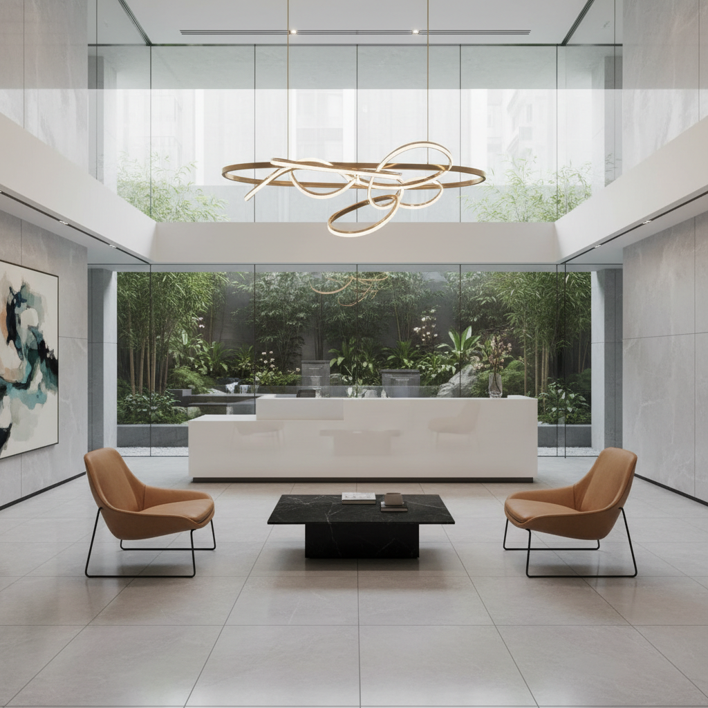 Upscale, luxury-style modern office lobby interior: double-height space with a sleek white reception desk, a sculptural pendant light, large-format porcelain tile floors with a subtle sheen, and full-height glass walls looking onto greenery. Minimalist lounge seating with two tan leather chairs and a low black coffee table. Bright, even lighting, spotless surfaces, sophisticated and professional ambiance, ideal for a premium commercial cleaning company. No people, no text or logos.