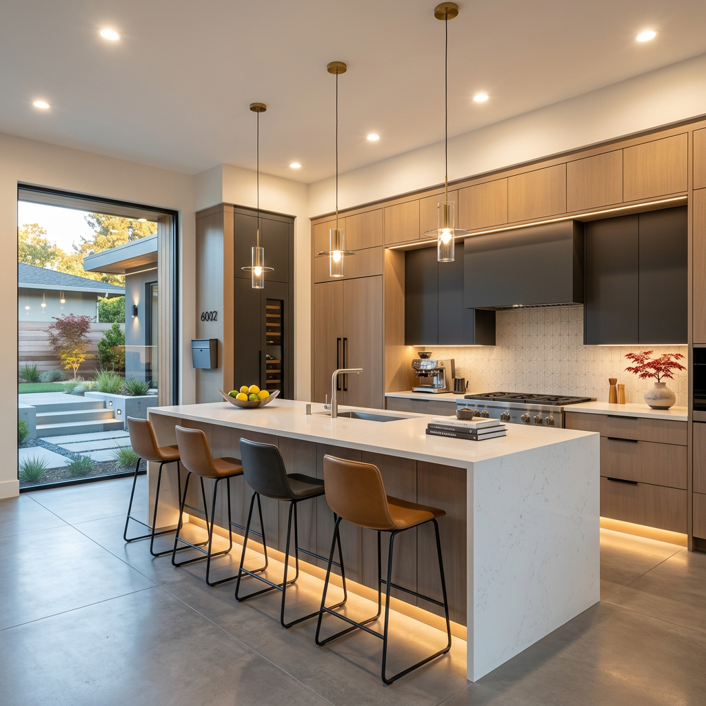 Modern two-story house with large windows and warm outdoor lighting at dusk